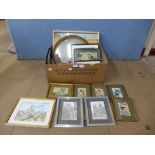 A gilt framed convex mirror, four Cash's silkwork pictures, etc.