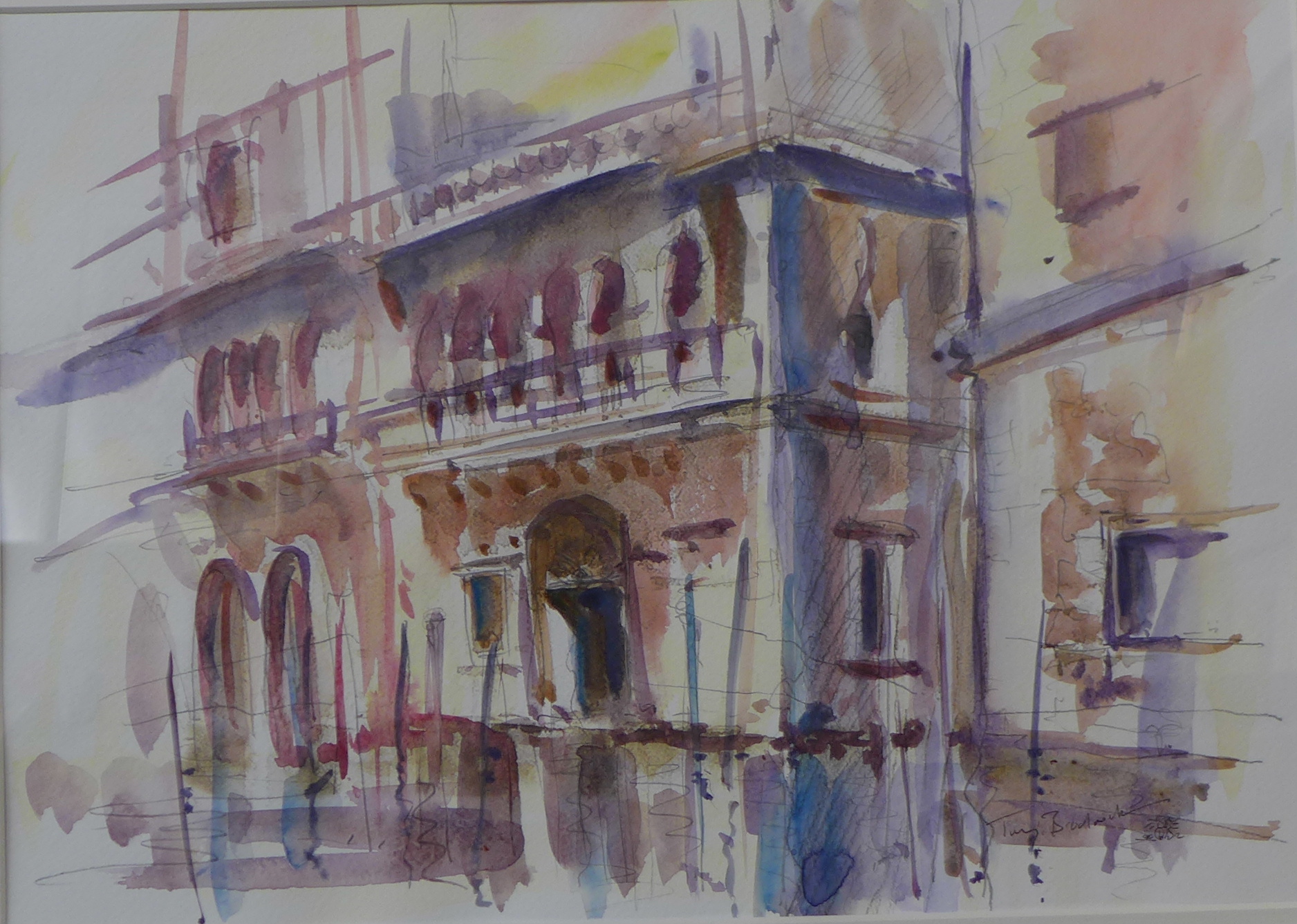 Tony Broderick, Venetian scene, watercolour, Claire Flint, multi-media study and David Pinkett,