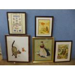 Two Louis Wain prints and three embroideries