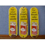 Three vintage enamelled advertising finger plates, Craven A Virginia Cigarettes,