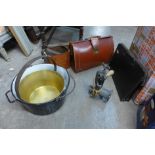 A Victorian brass jam pan, an enamelled pan, kitchenalia, etc.