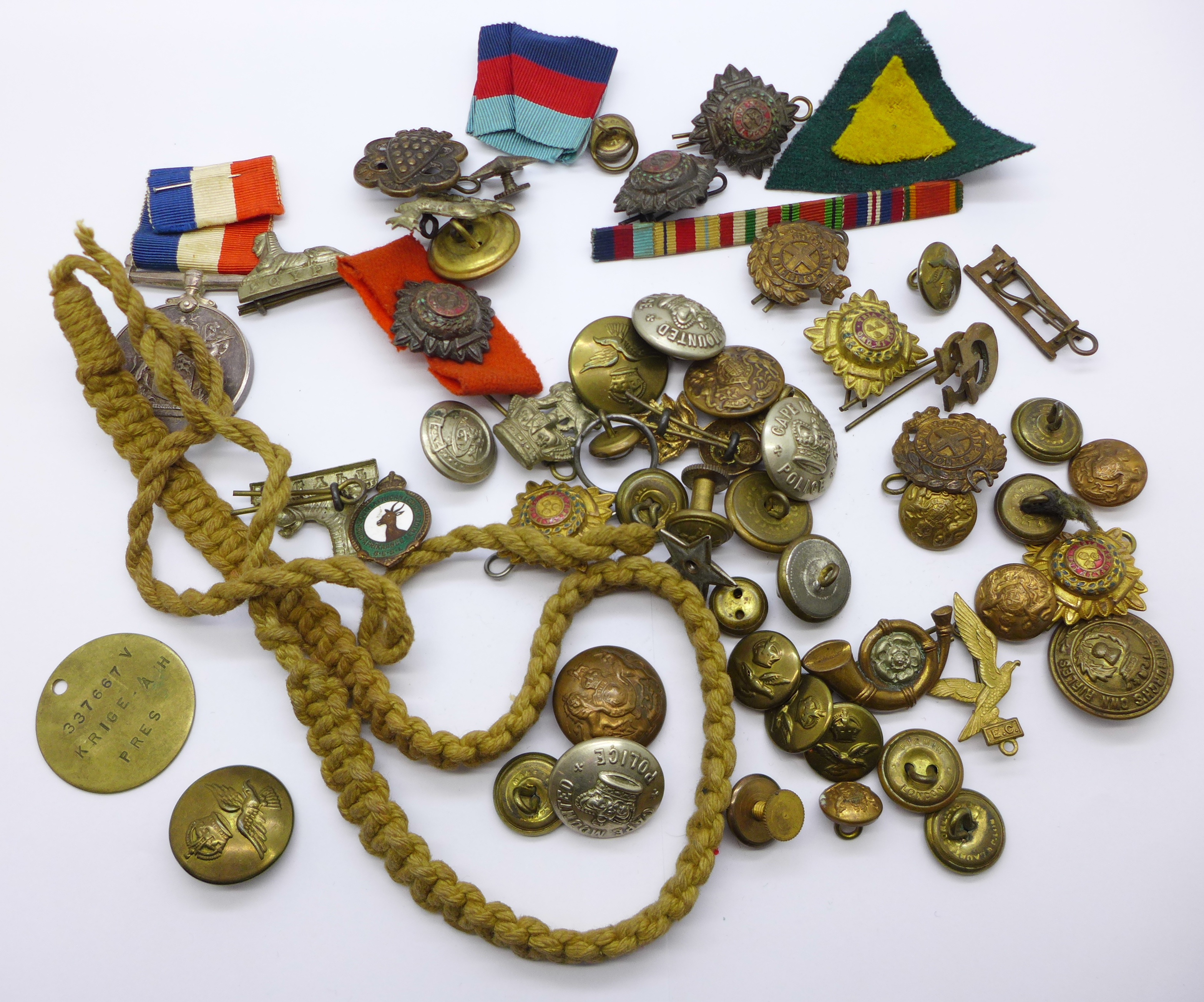 Assorted military buttons, ribbons, South Africa War Services medal, etc.