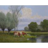 Willem Jacobus Alberts (1912 - 1990), Two Cows Grazing Beside the River, oil on canvas, 39 x 50cms,
