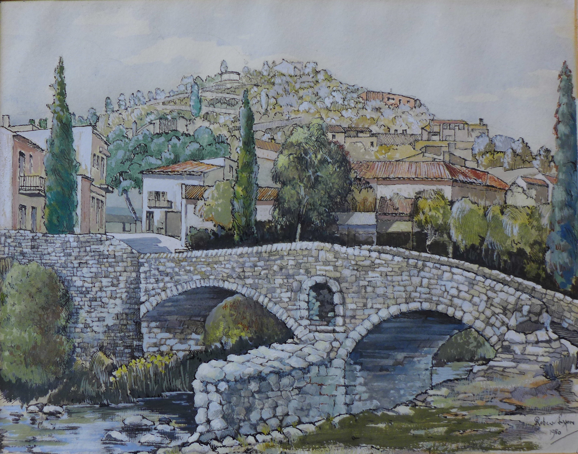 Robert Lyon, The Roman Bridge Pollensa, watercolour, 24 x 30cms,