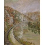 French Modernist School, river valley landscape, oil on canvas, indistinctly signed, 54 x 44cms,