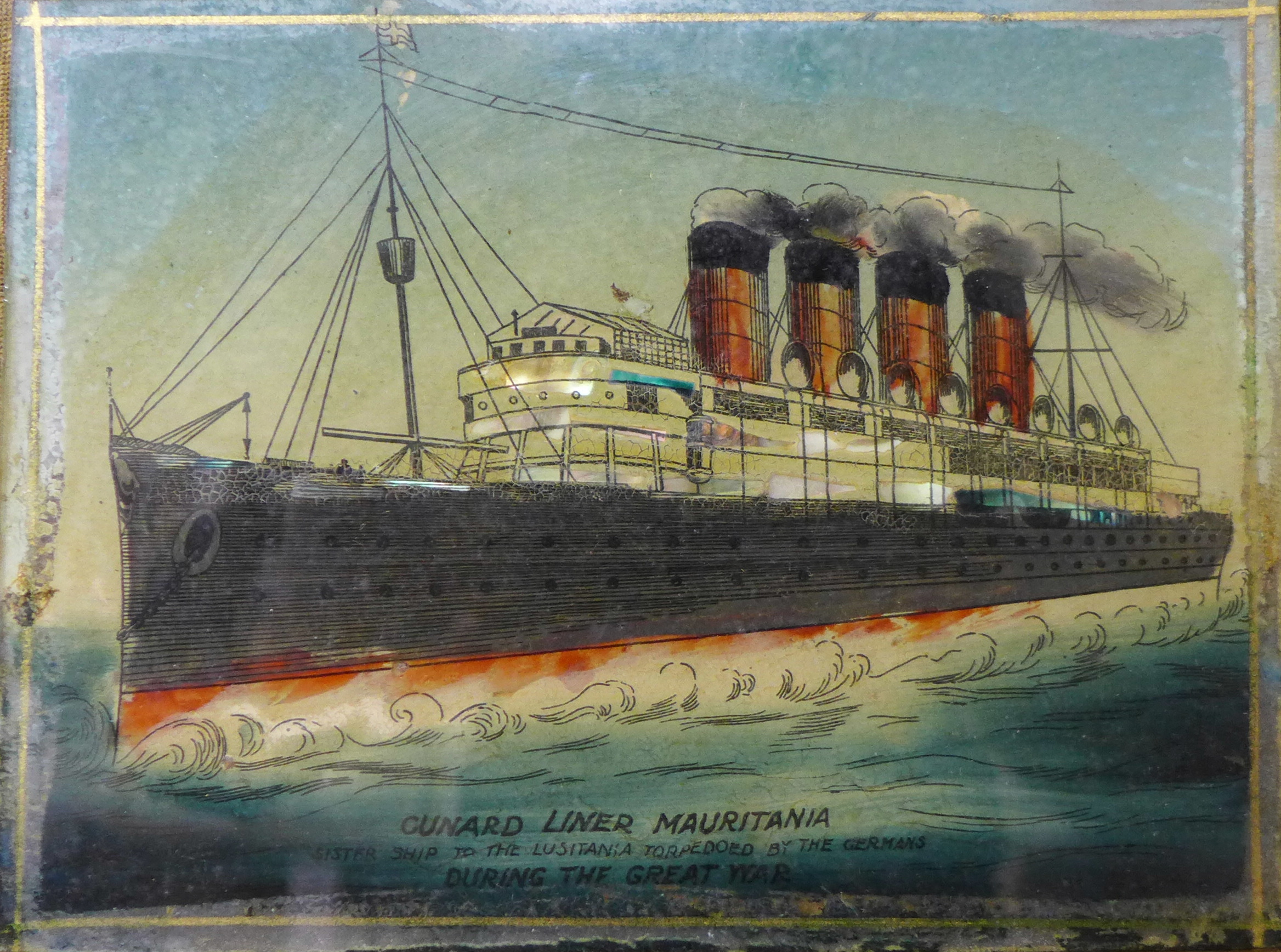 Two Cunard Lines paintings on glass, Mauritania and Lusitania,