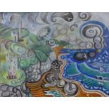 Edward Morgan, abstract seascape, mixed media over print, 18 x 23cms,
