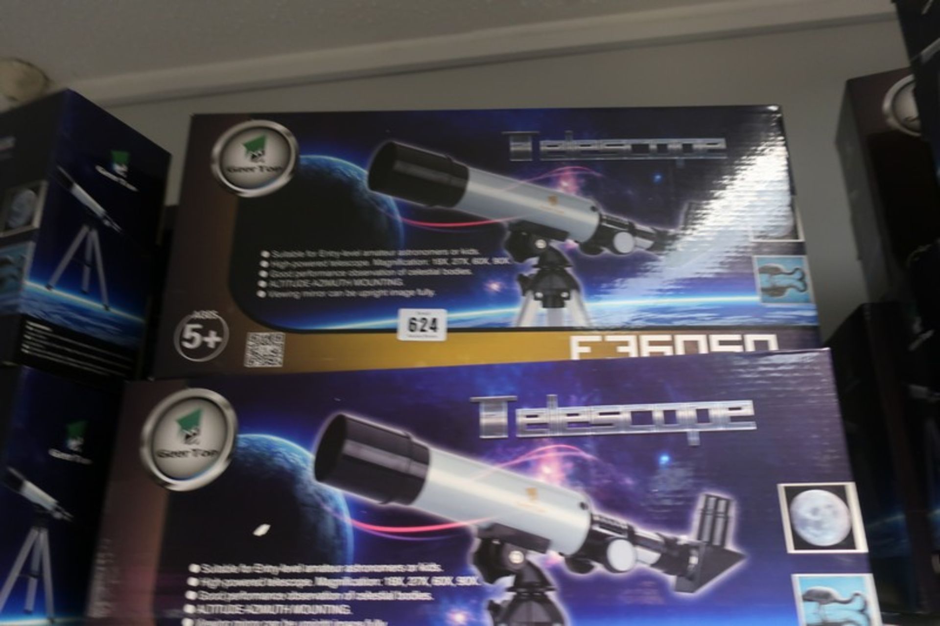 Five boxed as new GeerTop F36050 telescopes.