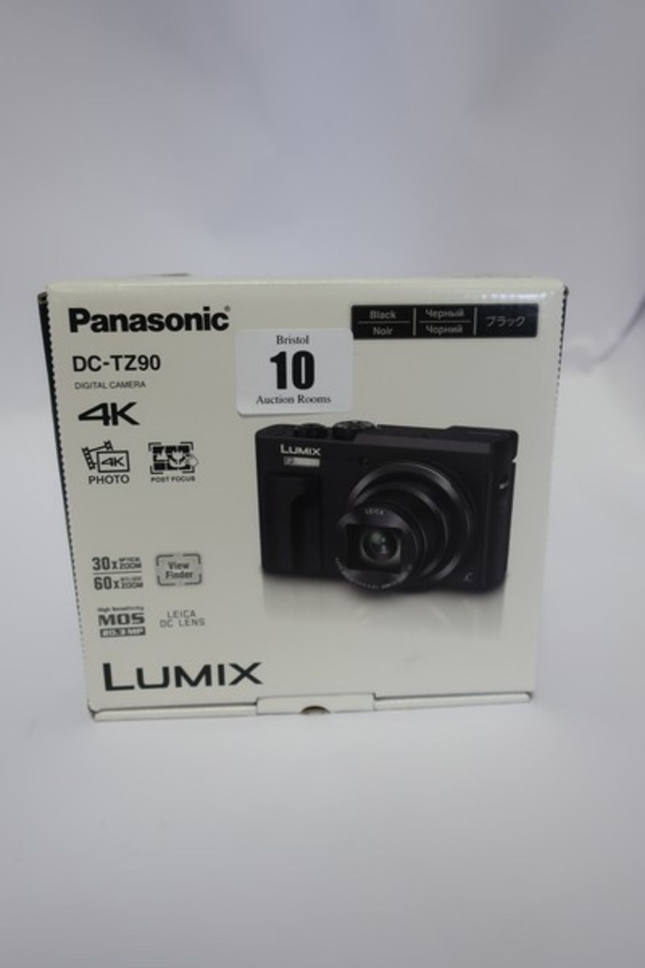 A boxed as new Panasonic Lumix DC-TZ90 Super Zoom compact digital camera in black.