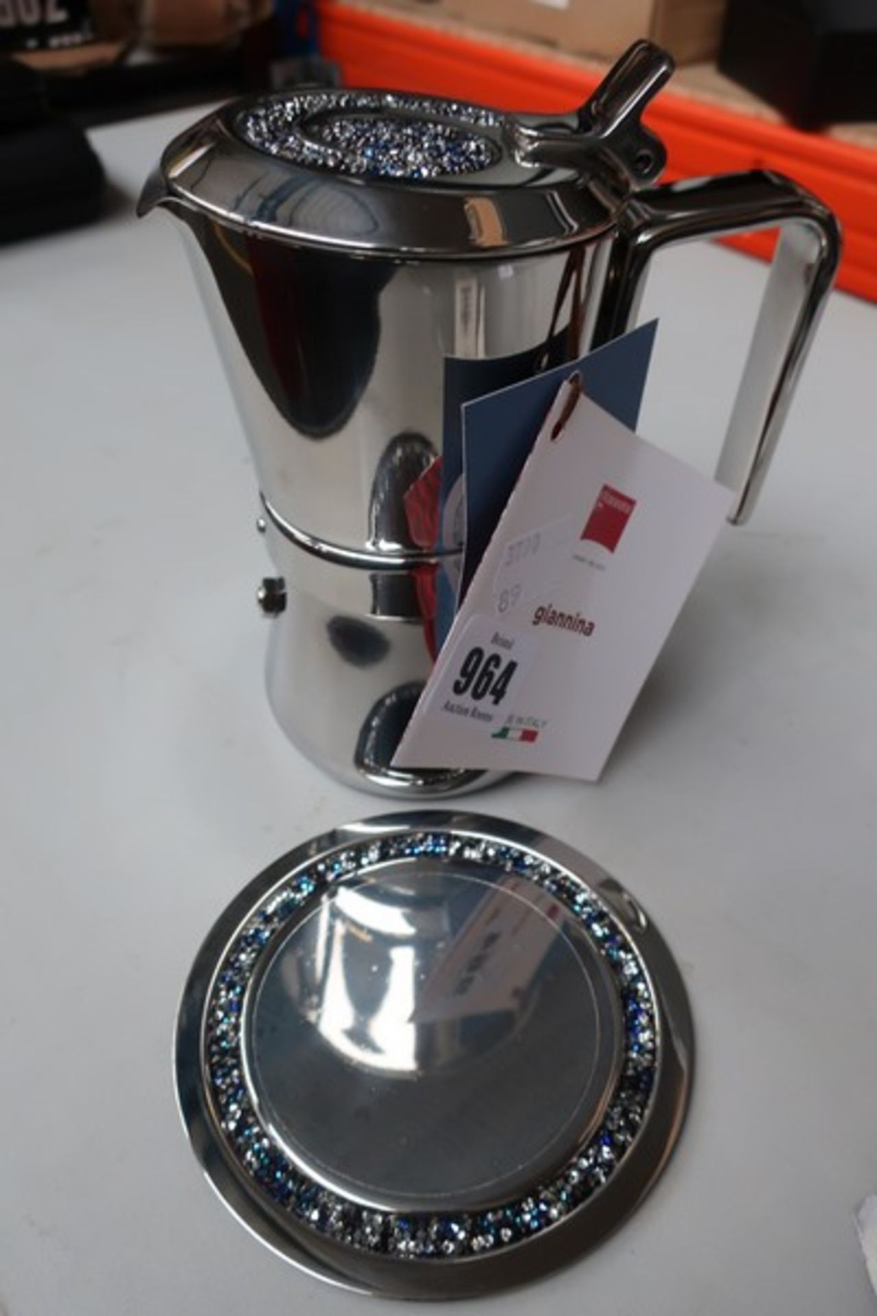 One boxed as new Giannina three in one cup coffee maker limited edition with blue Swarovski