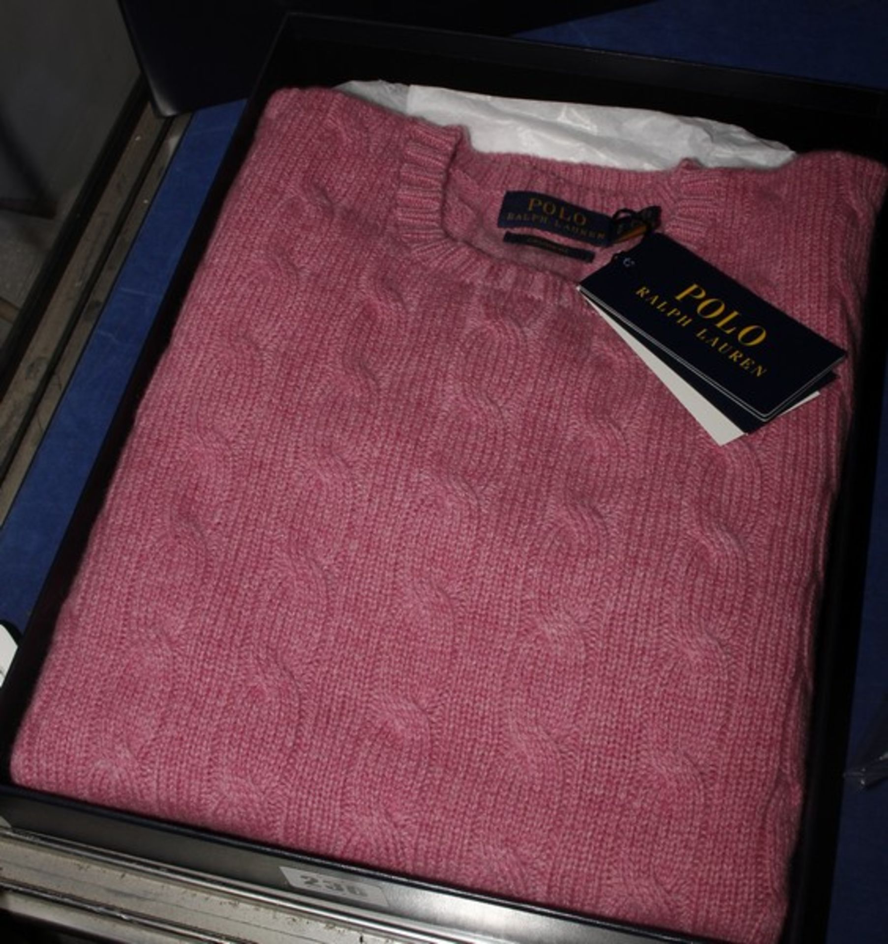 A ladies as new Ralph Lauren pink cashmere jumper (S) in box.