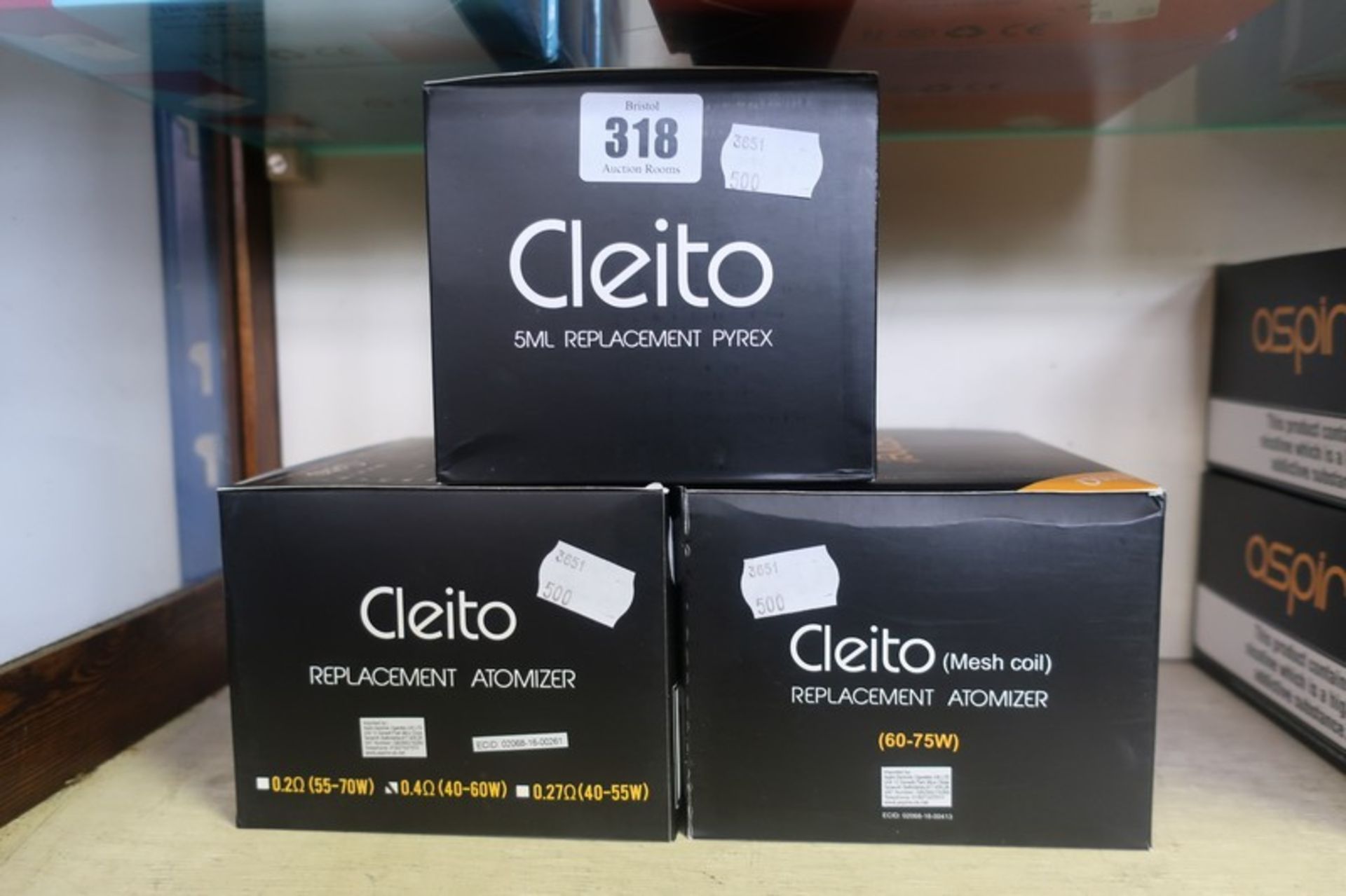 A box of 50 Aspire Cleito 0.4 Ohm Replacement Atomizers (10 packs of 5), A box of 50 Aspire Cleito