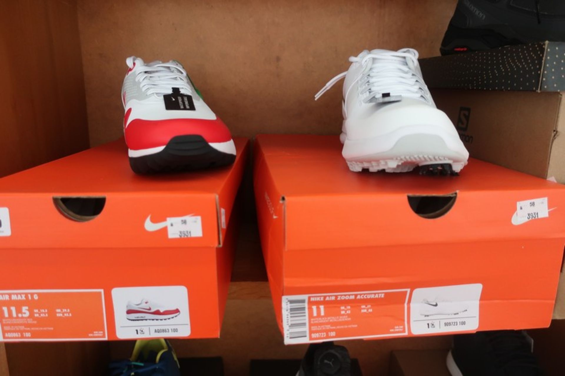 A pair of as new Nike Air Max 1 G golf shoes (UK 10.5) and a pair of Nike Air Zoom Accurate golf