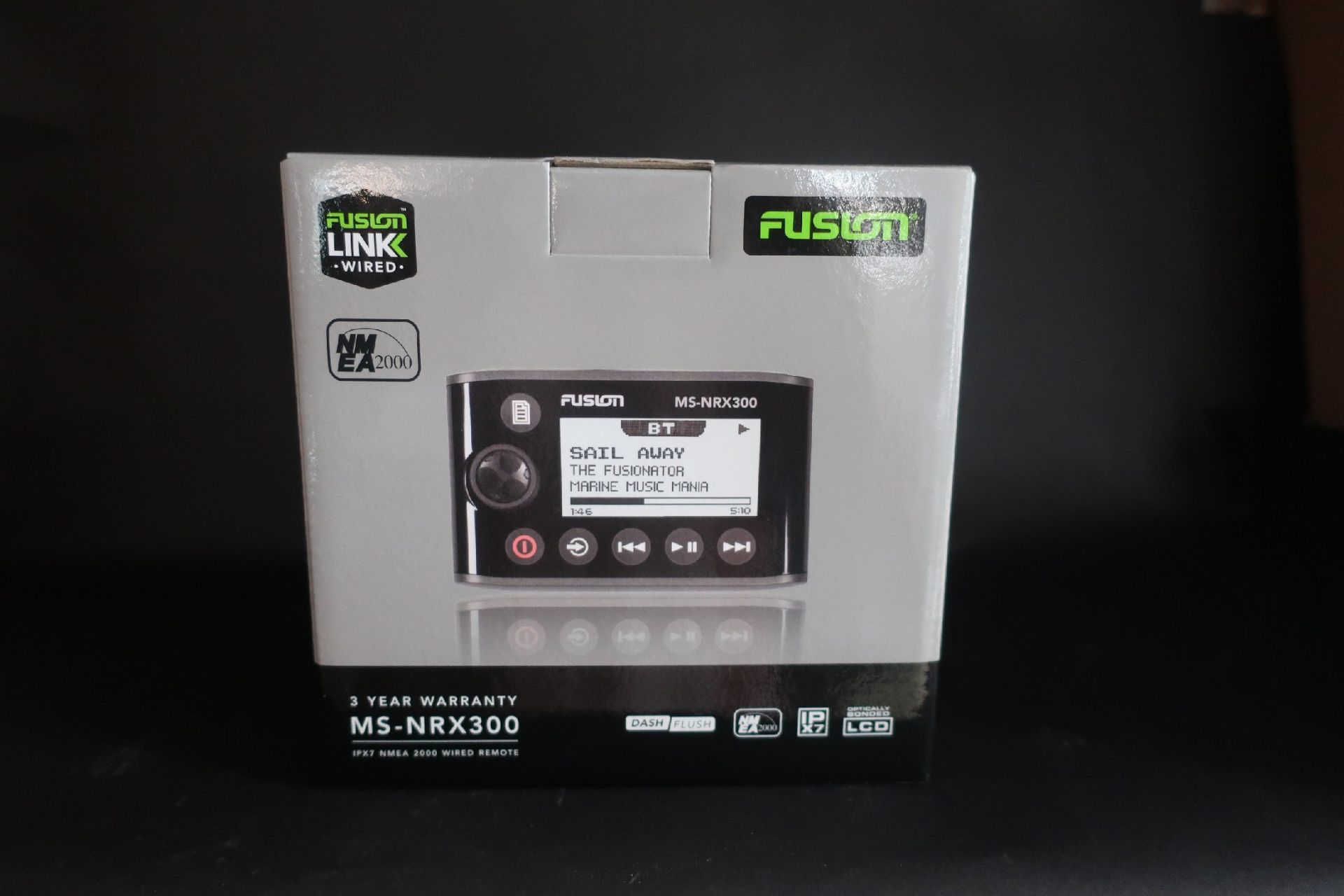 A boxed as new Fusion Entertainment IPX7 MS-NRX300 NMEA 2000 Wired Marine Remote.