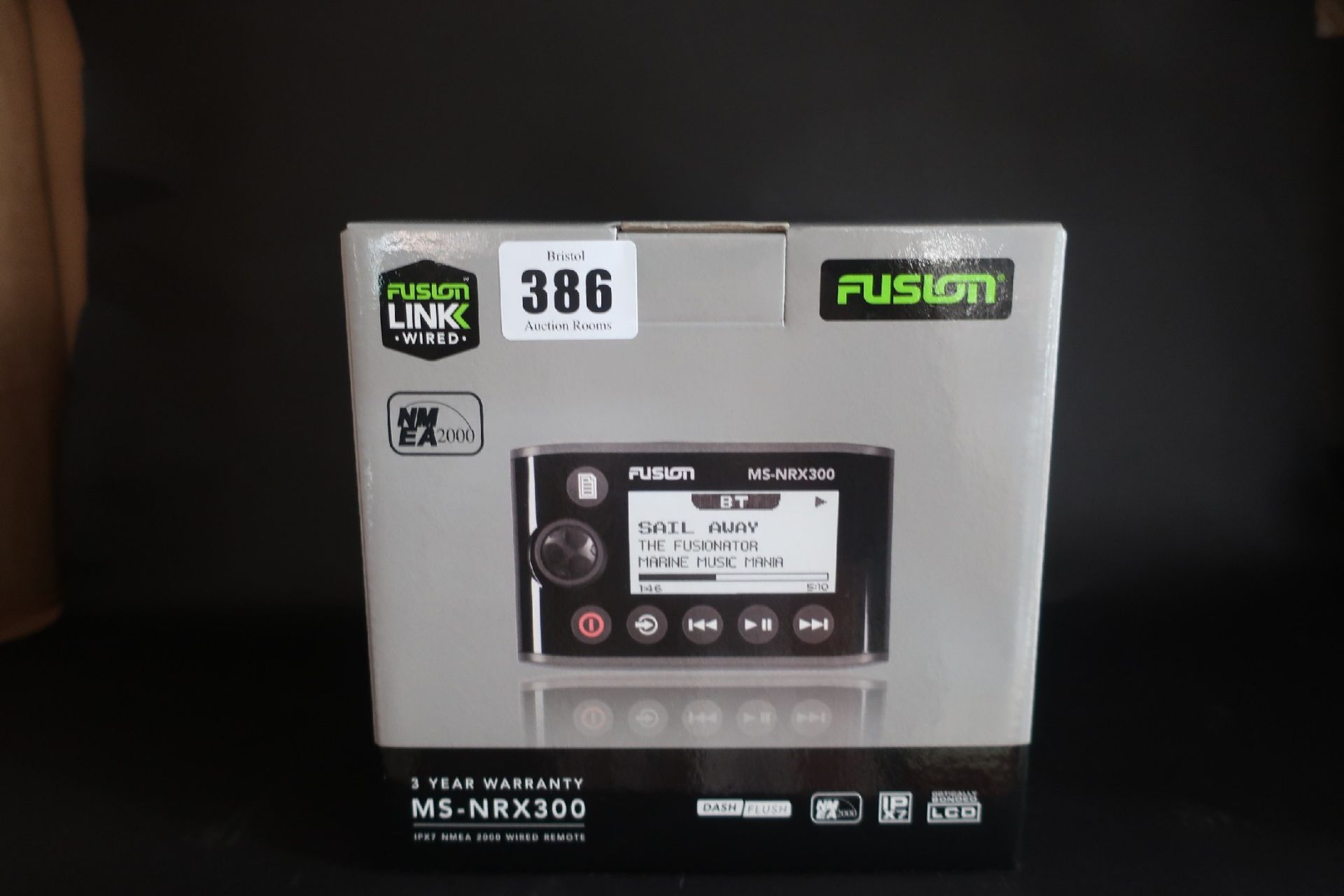 A boxed as new Fusion Entertainment IPX7 MS-NRX300 NMEA 2000 Wired Marine Remote.