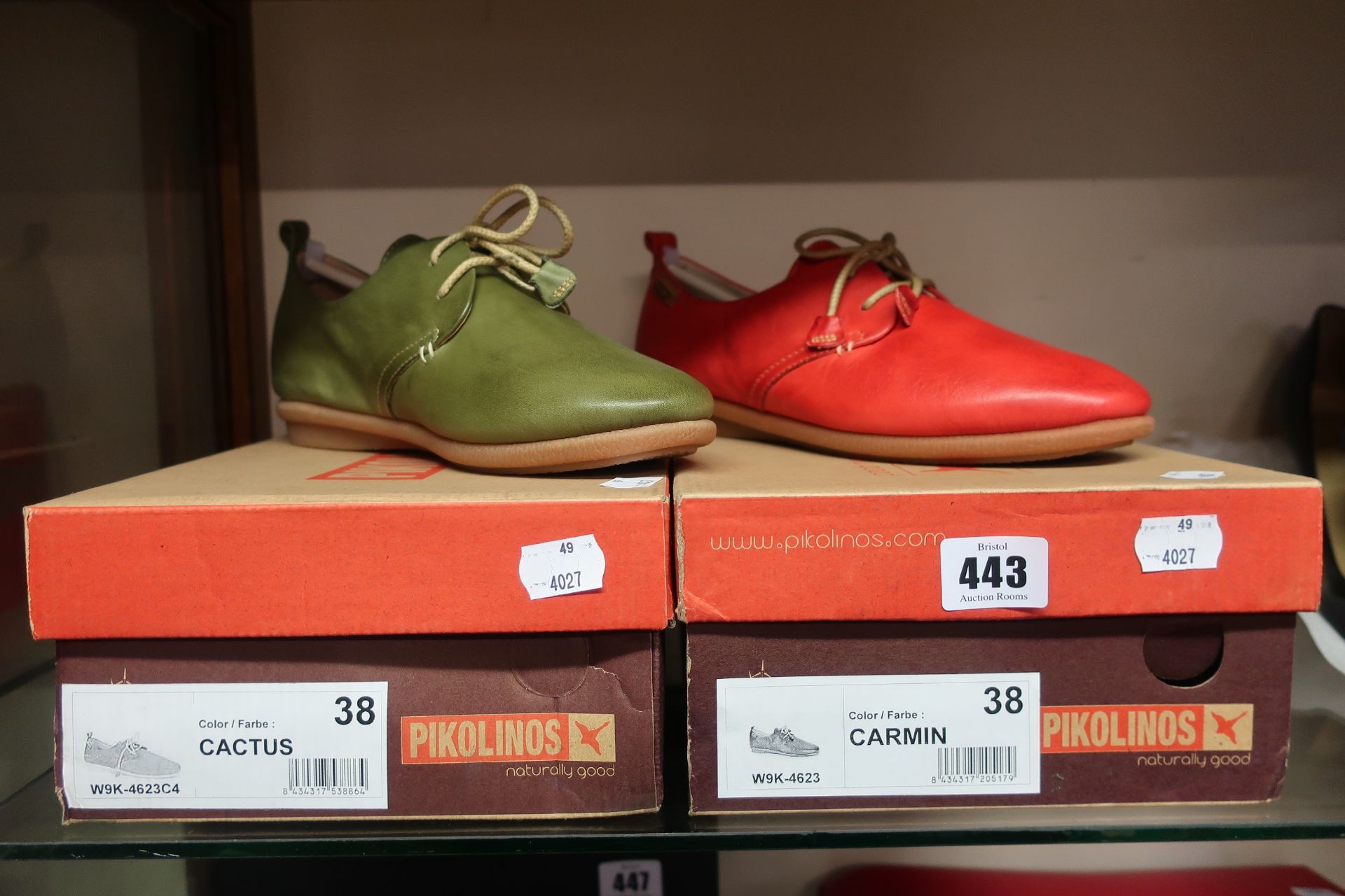 Two pairs of as new Pikolinos W9K-4623 shoes, one pair in cactus, one pair in carmin (Both EU 38).