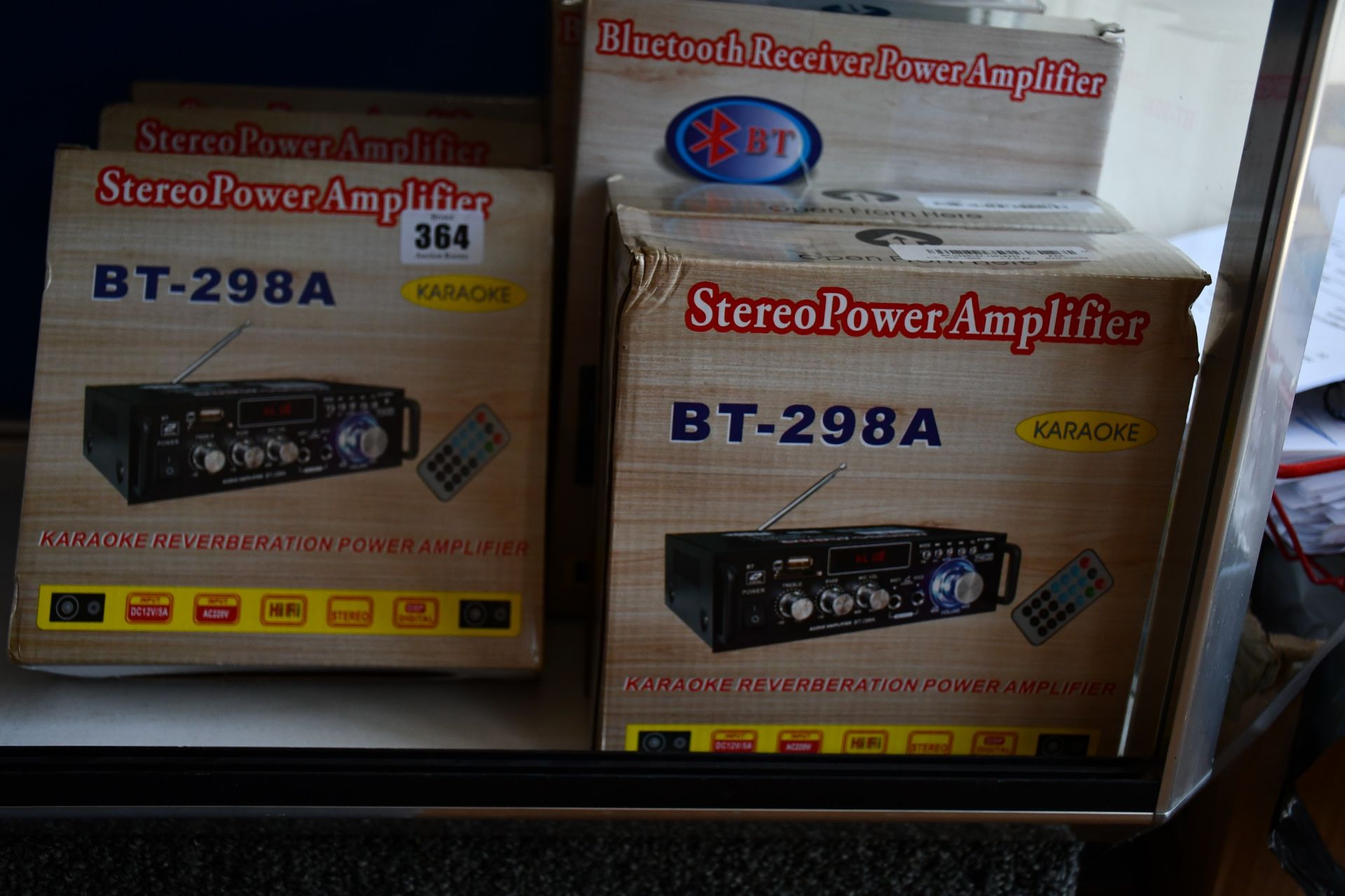 Five BT-298A stereo power/karaoke reverberation power amplifiers together with three BT-309A
