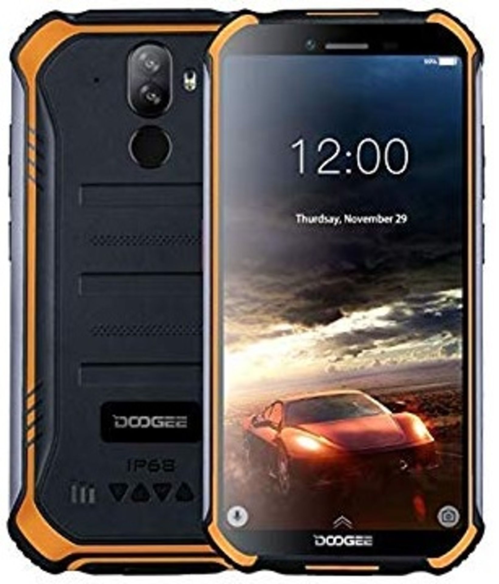 A boxed as new Doogee S40 in fire orange. (Please note supplied with two pin plug. Please check this