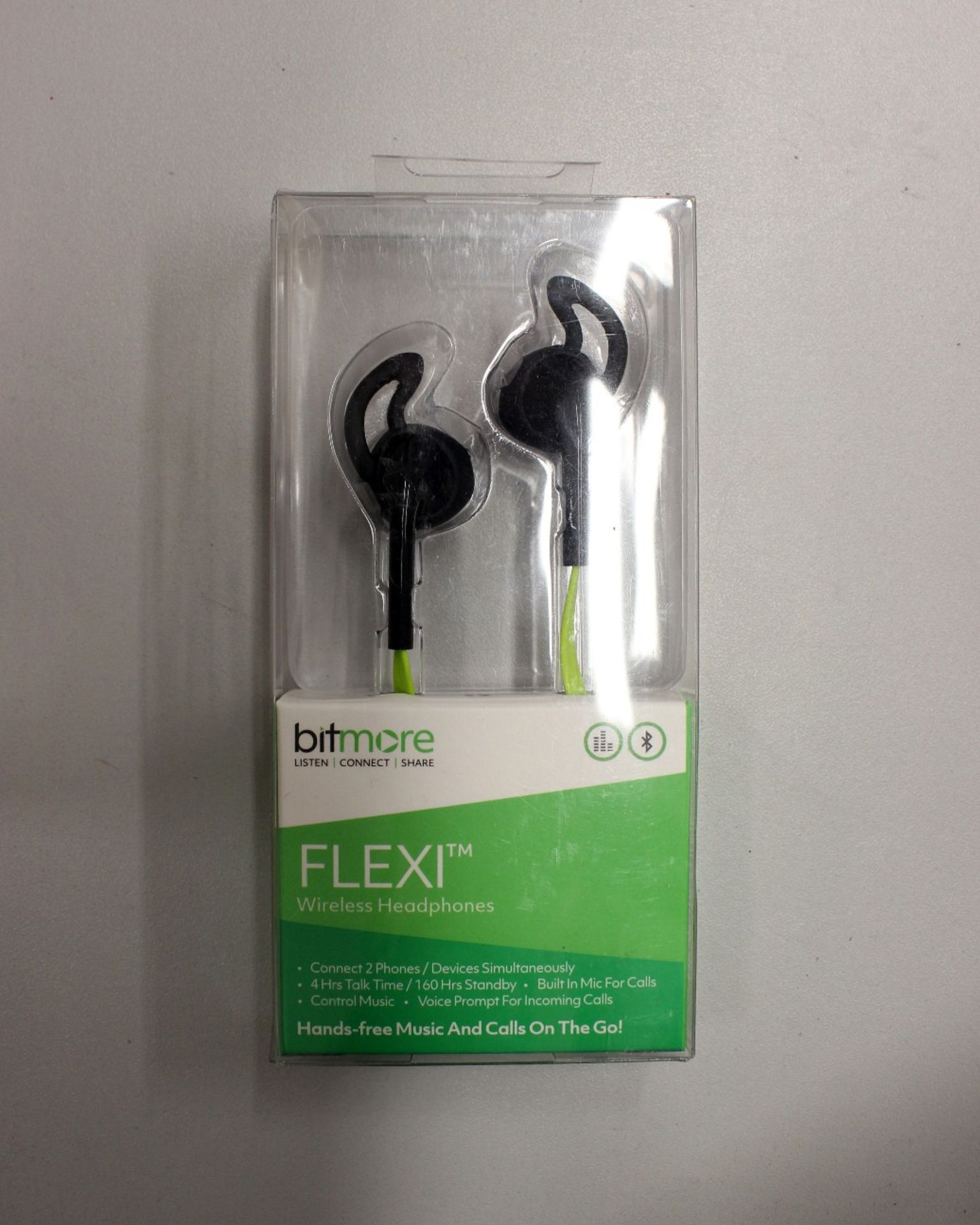 Ten boxed as new Bitmore Flexi Wireless Bluetooth Headphones in Black/Green.