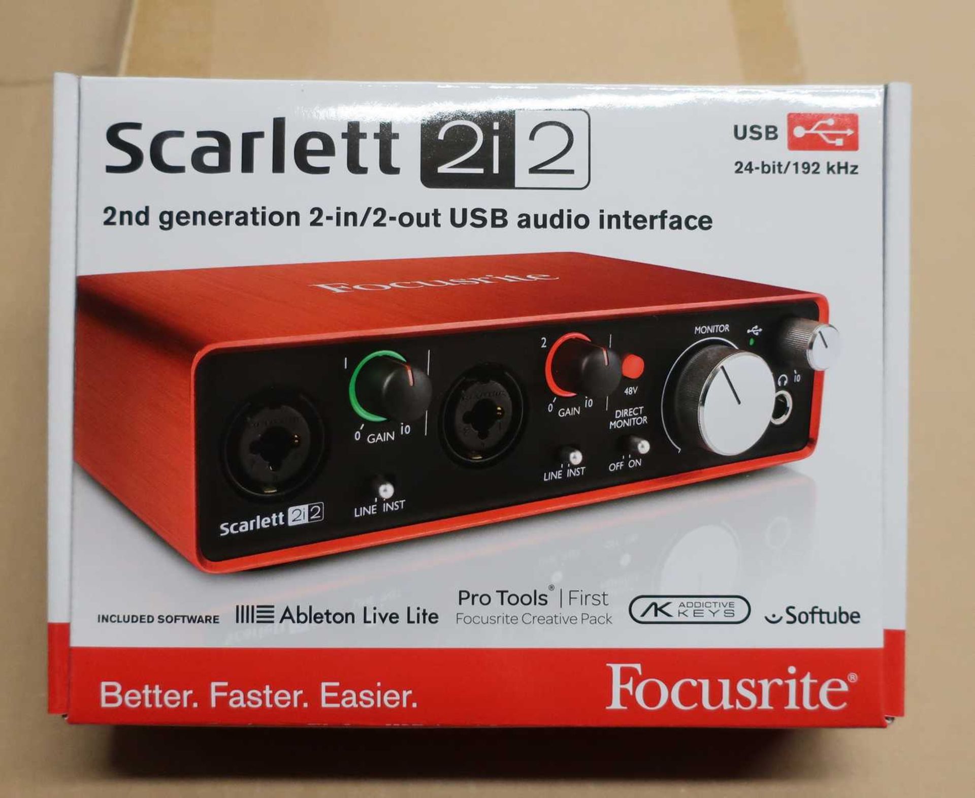 A boxed as new Focusrite Scarlett 2i2 2nd Generation 2-in/2-out USB Audio Interface (Model: