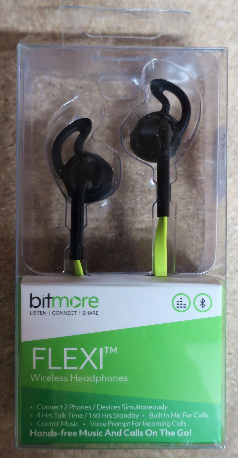 Ten boxed as new Bitmore Flexi Wireless Bluetooth Headphones in Black/Green.