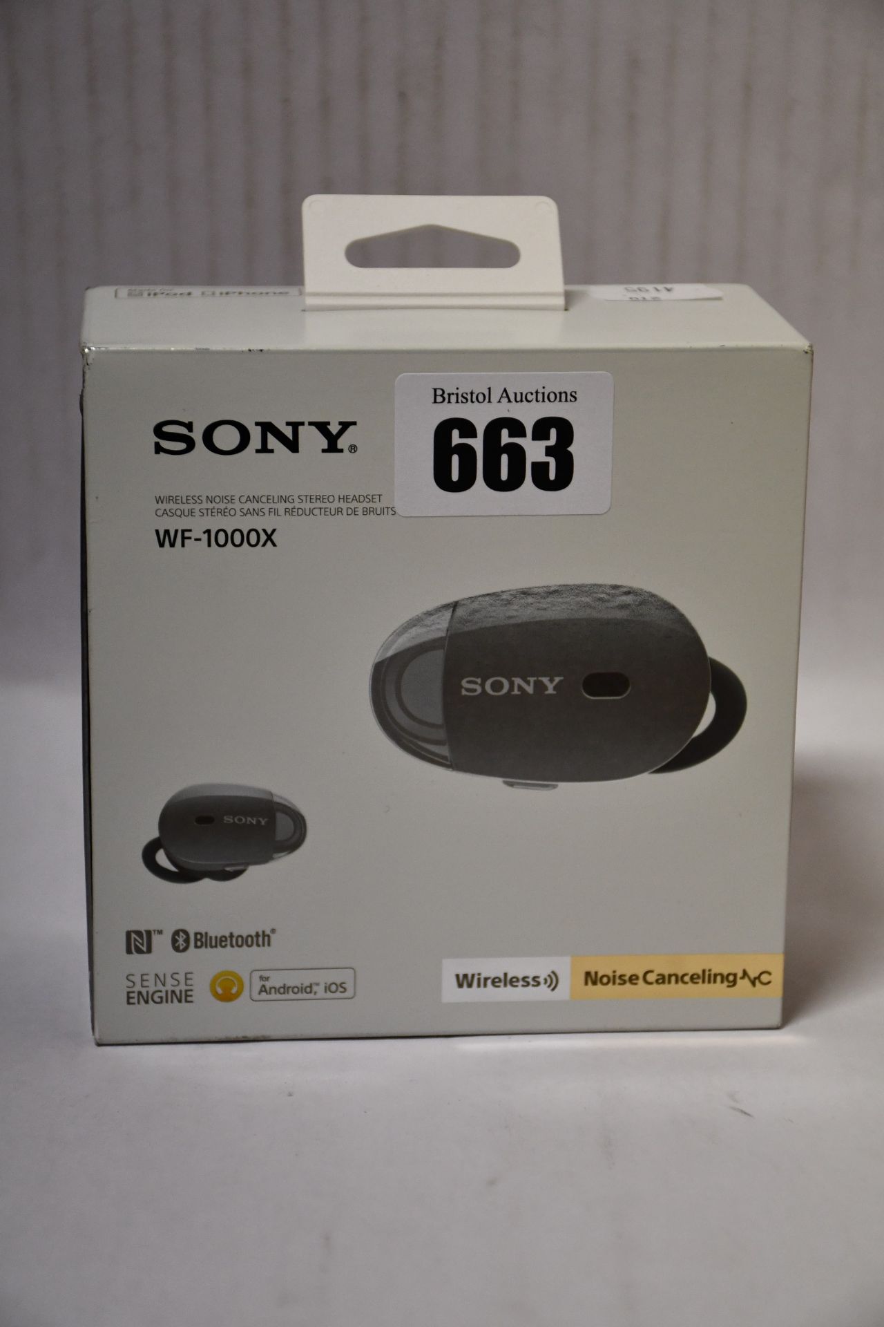 A boxed as new Sony WF-1000X Noise-Cancelling Bluetooth In-Ear Headphones in Black.