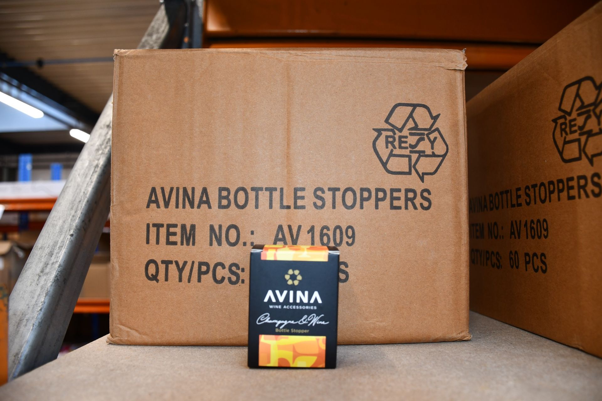 Sixty boxed as new Avina Wine Accessories bottle stoppers.