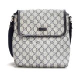 Gucci monogram canvas shoulder bag with blue leather trimmings, adjustable blue canvas shoulder