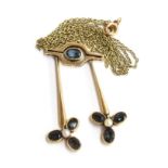 Art Nouveau style sapphire and pearl seed pendant (gold hallmark rubbed)