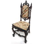 A Victorian hall chair with barley twist supports and carved cabriole legs, cushion seat and back