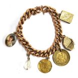 A 9ct gold charm bracelet with 6 charms to include a gold quarter sovereign, 1920 France, small