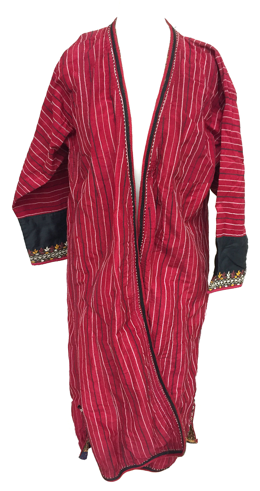 Two silk Tekke Turkman coats, early 20th century, both of hand woven red striped silk, one with - Image 2 of 5