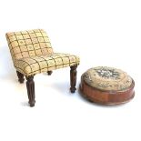 A late 19th century gout stool on reeded legs with embroidered cushion, together with a later foot