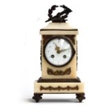 A Louis XVI style white marble-cased mantel clock, with bronze trophy cresting and white painted
