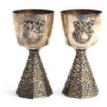 A pair of modern silver goblets, Aurum Ltd (John M Willmin), London 1974, with cast mermaids to