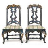 A pair of late 18th century Venetian green painted chairs, with gilt carved rocaille decoration to