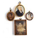 A group of four portrait miniatures, the gentleman with a yellow cartouche en verso inlaid with