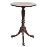 A rosewood tripod table, the circular top decorated with scrolling marquetry and stringing, on