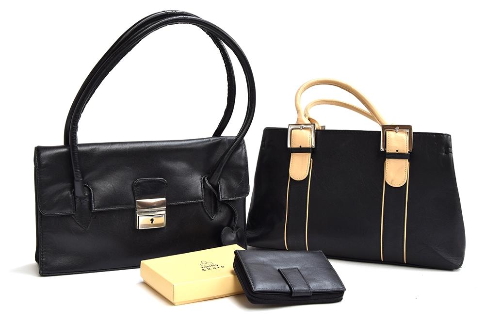 Two handbags from Tommy and Kate, one black with tan handles and silver coloured buckles (19x 33cm