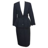 Ultra sharp 1980s lady's suit from Dots, ribbed viscose satin: black pencil skirt, ivory bustier