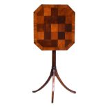 A Regency mahogany and inlaid tip up top tripod table, the top with chequer design of specimen