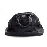 Big soft nylon and black patent leather handbag from Prada, silver zip and padlock, good black