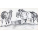 Attributed to William Huggins (1820-1884), Cart horses at the manger, pencil, signed lower right