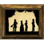 A Regency reverse glass painted silhouette, circa 1800, of four performers on stage, 16x21cm