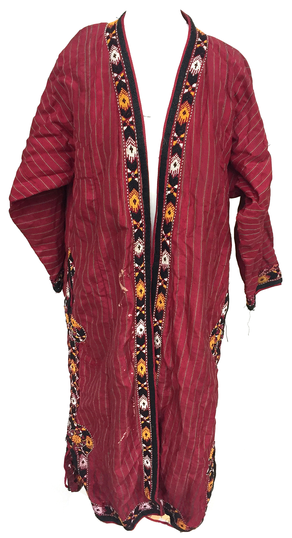 Two silk Tekke Turkman coats, early 20th century, both of hand woven red striped silk, one with