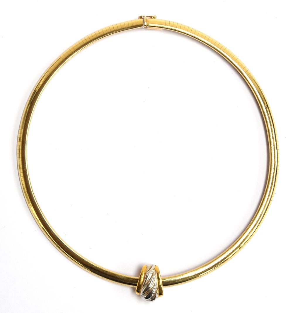 A gold collar necklace in a panel link marked Italy 14ct, gross weight 38g
