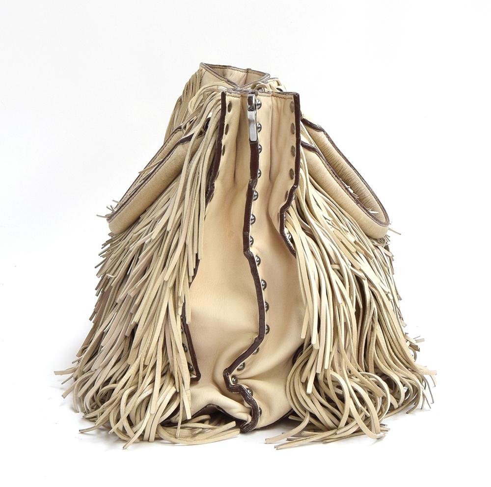 White leather fringed handbag from Prada, opening in two sections, one zipped with zipped interior - Image 2 of 2
