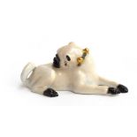 A Meissen model of a pug dog, after J J Kändler, lying down and cleaning his back, wearing a blue