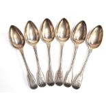 A set of six silver fiddle and thread pattern table spoons, by William Eley, William Fearn & William