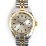 A LADIES STAINLESS STEEL AND 18CT GOLD ROLEX OYSTER PERPETUAL DATE BRACELET WATCH CIRCA 1982s